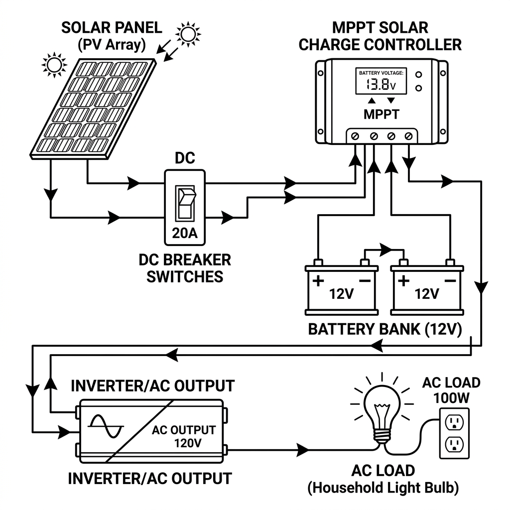 Solar System Diagram showing Panel, Charge Controller, Battery Bank, Inverter and AC Load